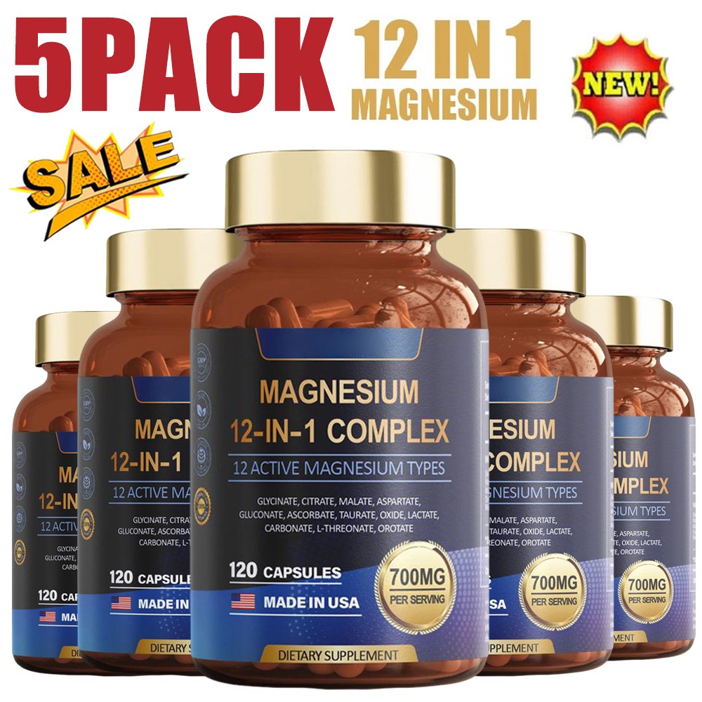 1-5x Magnesium 12 in 120 Complex 700mg – Glycinate Citrate Malate Taurate 1 Caps