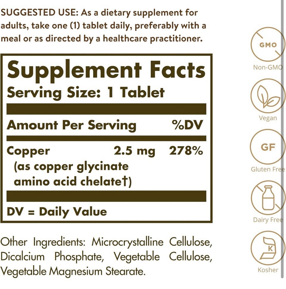 Solgar Chelated Copper 100 Tablets
