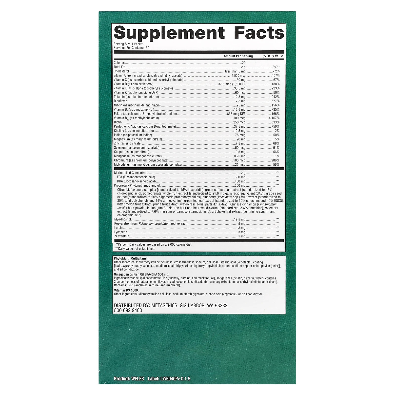 2 X Metagenics, Wellness Essentials� Daily Packs, 30 Packets