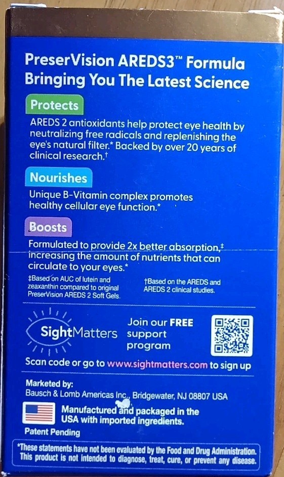 BAUSCH + LOMB PRESERVISION AREDS 3 EYE VITAMIN TRIPLE ACTION 90 X2 180 SOFT GELS