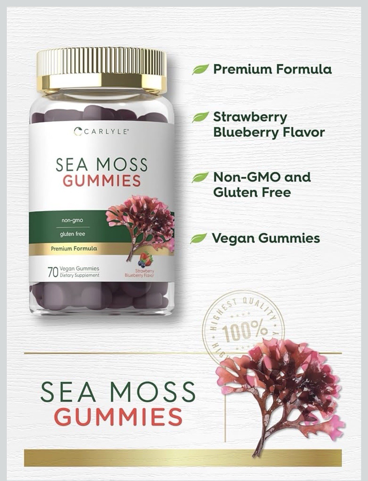 Carlyle Sea Moss Gummies 70 Ct Strawberry Blueberry Vegan Non-GMO Gluten Free