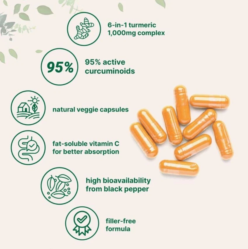 Turmeric Curcumin Supplement 1000mg 95% Curcuminoids Black Pepper/MCT/Bee Prop P