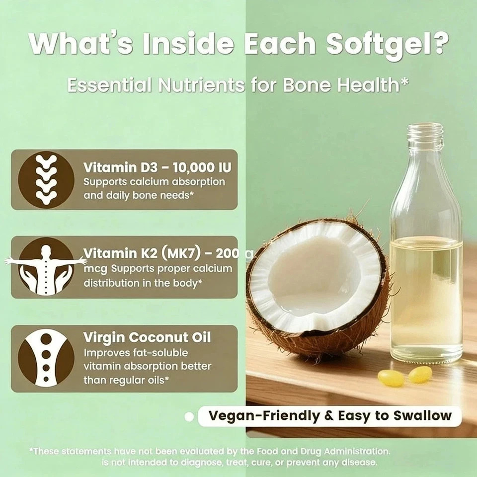 VEV D3 K2 10000 IU Softgels with Coconut Oil, 2-in-1 Vitamin Relief 300 Ct