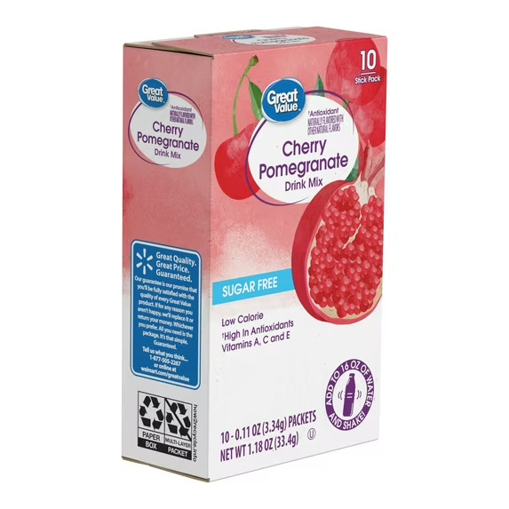 6 Pack Great Value Antioxidant Cherry Pomegranate Drink Mix 60 packet sugar-