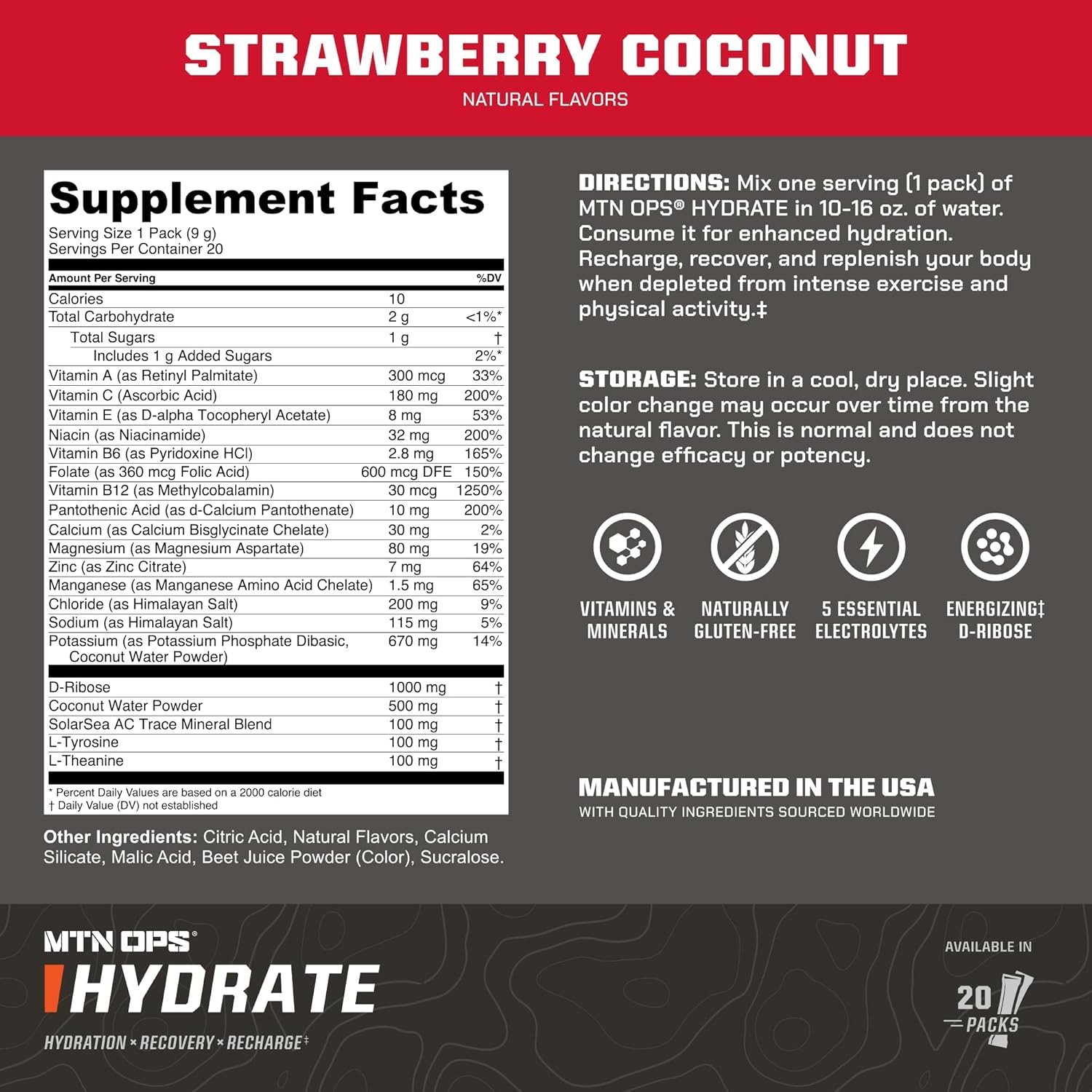 MTN OPS Hydrate Electrolytes Powder Drink Mix,20 Single Serving On-The-Go Electr