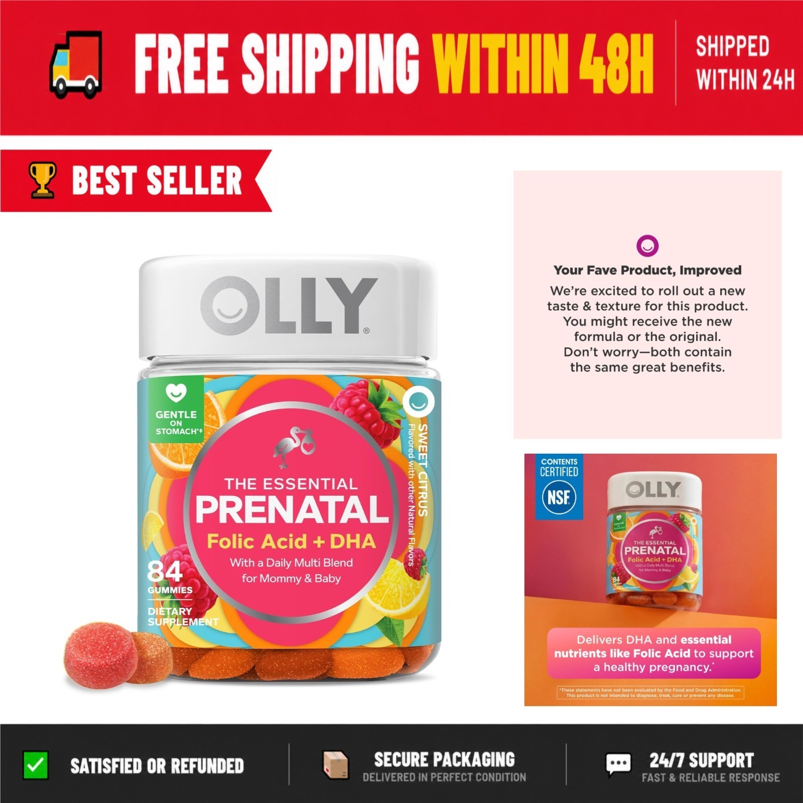 OLLY Prenatal Multivitamin Gummy – DHA, Folic Acid, Vitamins A&D, 84 Count