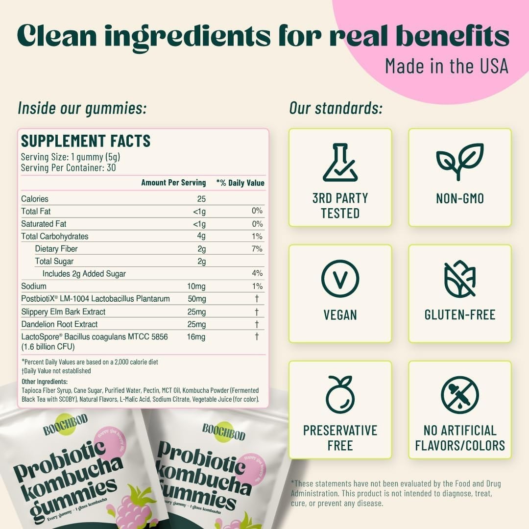 BoochBod Kombucha Gummies – Probiotics, Fiber, Slippery Elm, MCT Oil for Bloatin