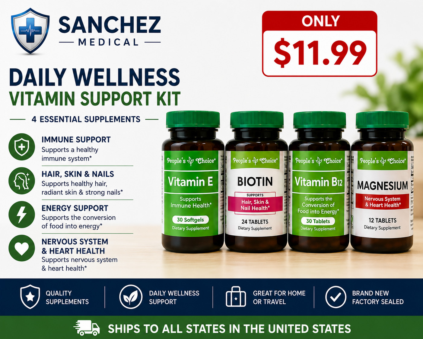 Sanchez Medical Daily wellness vitamin Support BIOTIN B12 MAGNESIUM VITAMIN E