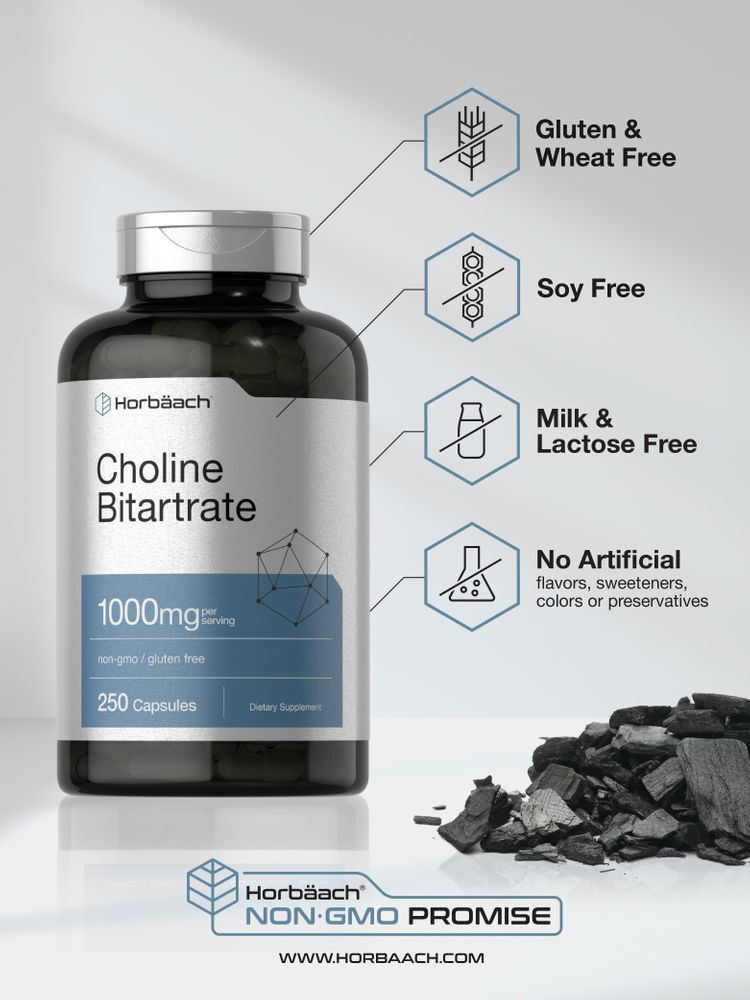 Choline Bitartrate | 1000mg | 250 Capsules | Non-GMO | by Horbaach
