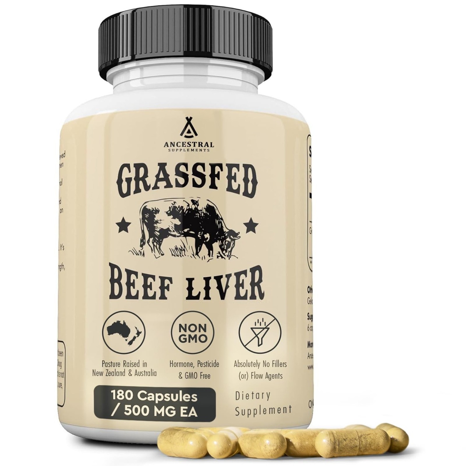 Ancestral Supplements Grass Fed Beef Liver 180 Capsules, Supports Energy Prod