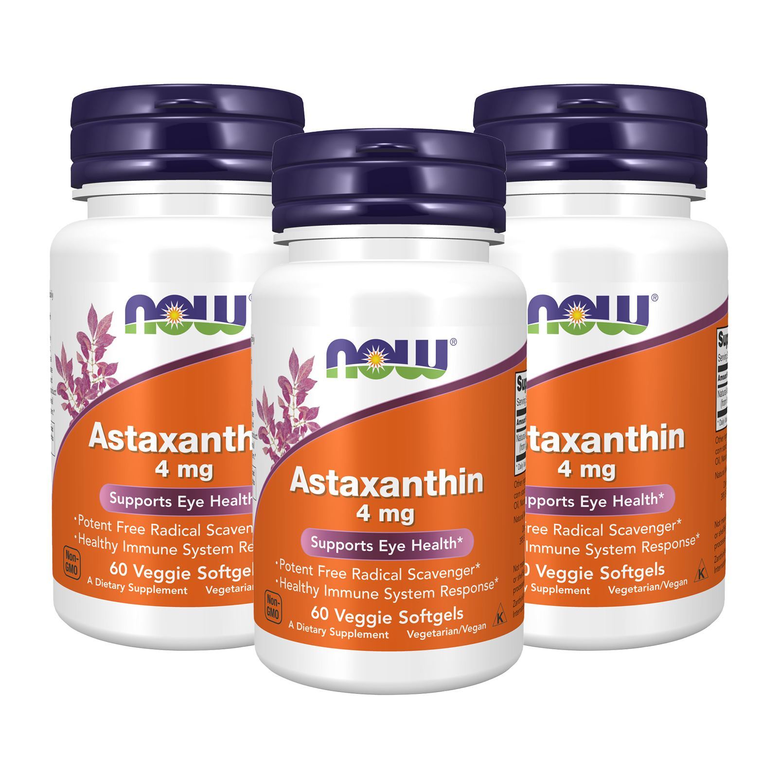 3 x NOW Astaxanthin 4 mg features Zanthin reg; Eye Health 60 Veg Softgels