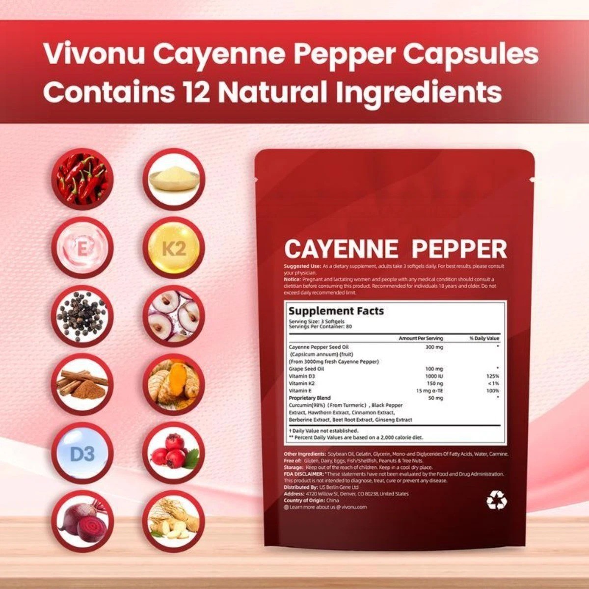 Cayenne Pepper Supplement | Circulation & Heart | Health Vit E D3 K2 Grape Seed