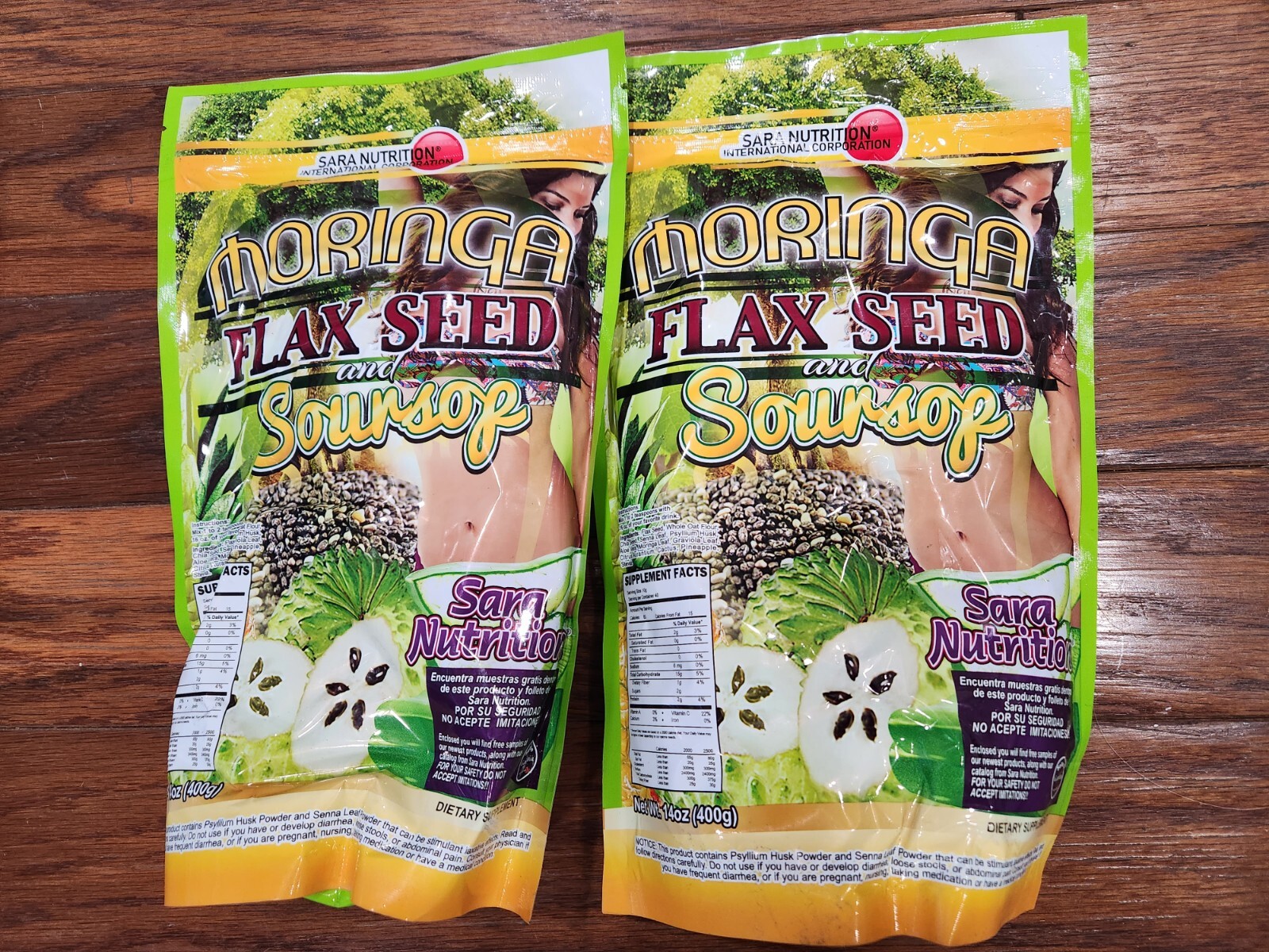 2 MORINGA FLAX SEED & SOURSOP SARA NUTRITION 14 OZ 12/24  MADE IN USA NEW SEALED