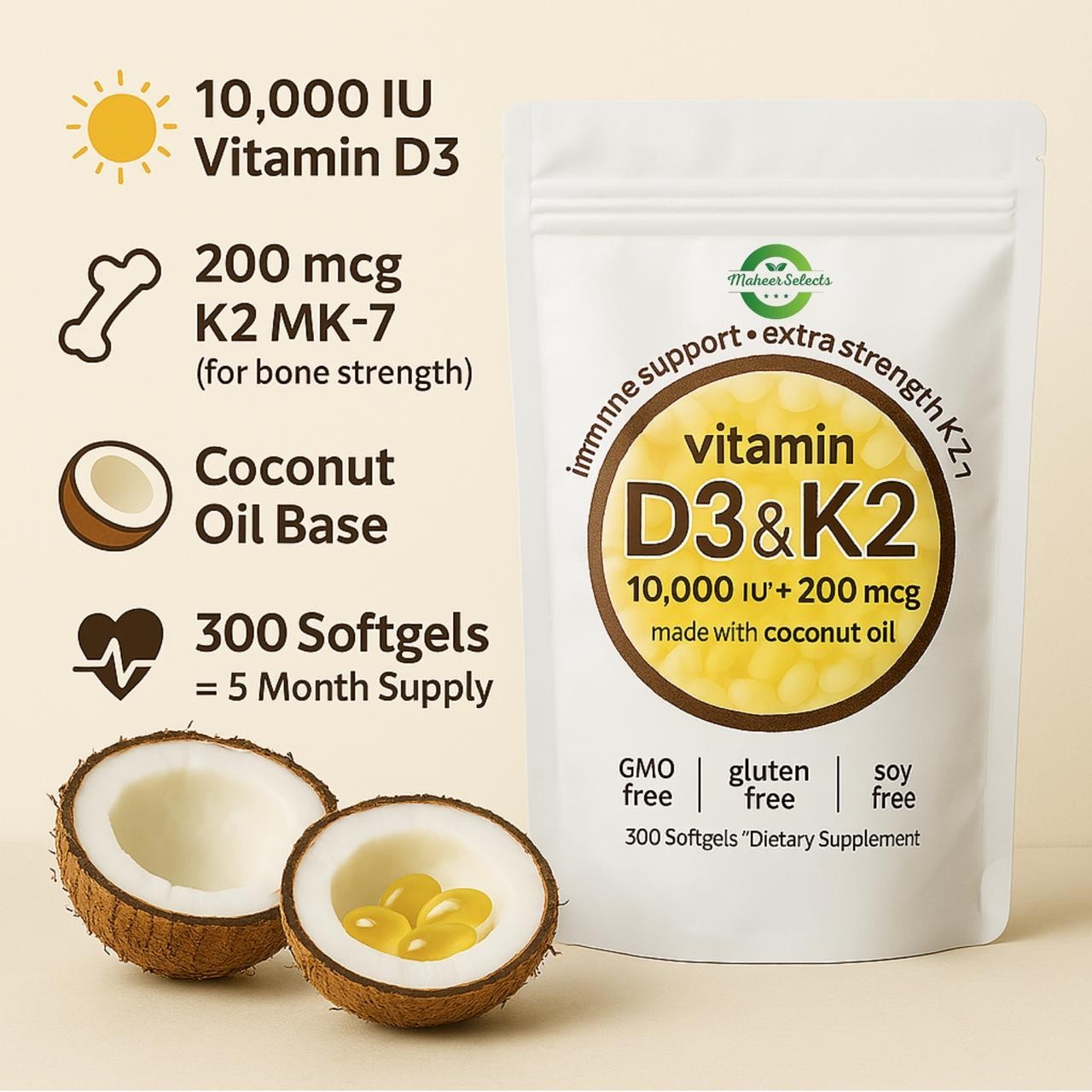 Vitamin D3 10000 iu Plus K2 (MK-7) 200 mcg, 300 Virgin Coconut Oil Softgels