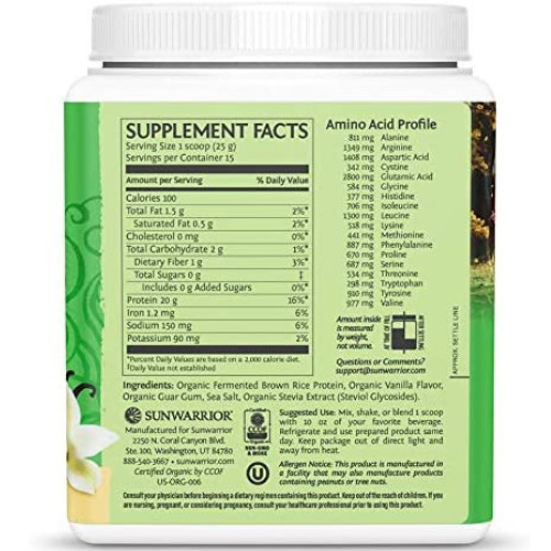 Sunwarrior Organic Classic Vanilla Protein – Plant-Based Protein Powder, 375g
