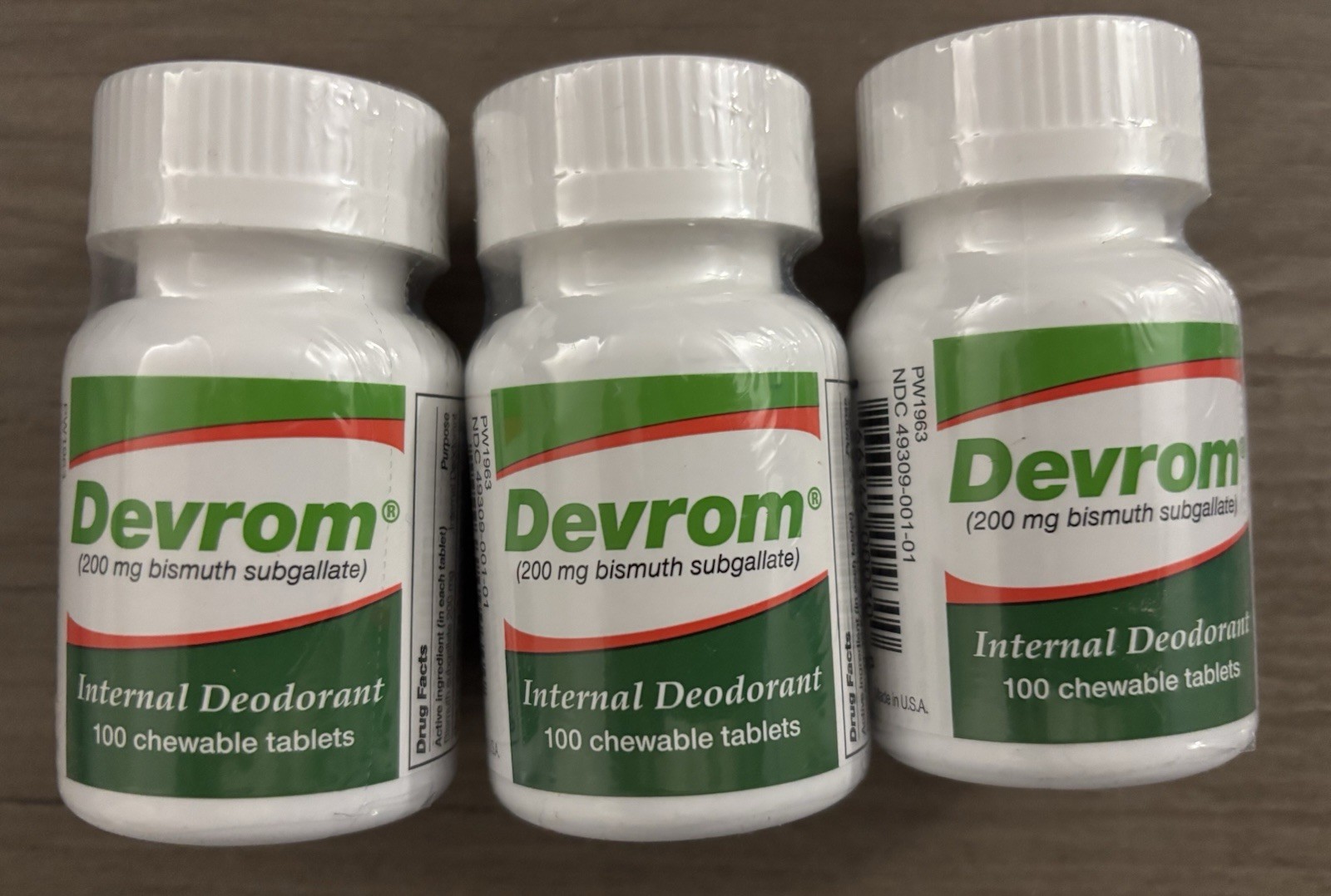 Lot Of 3 Parthenon Devrom 200mg Internal Deodorant 100 Chew Tablets Exp 8/2026