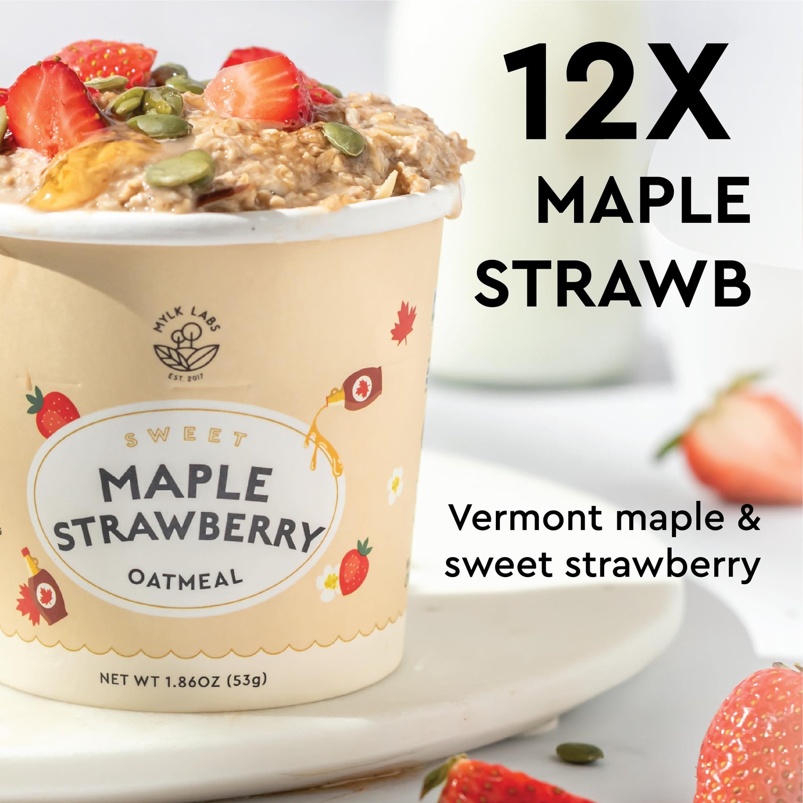 Mylk Labs Maple Strawberry Protein Oatmeal Cups, 1.83 Ounce (Pack of 12)