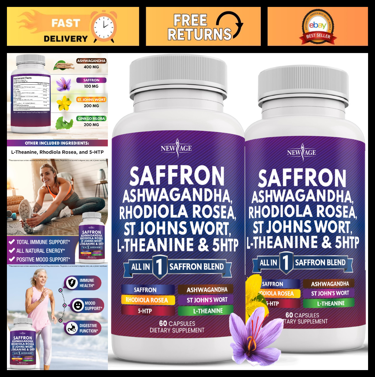 Saffron Supplements with Ashwagandha, L-Theanine, Ginkgo Biloba & 5-HTP – 120 Co