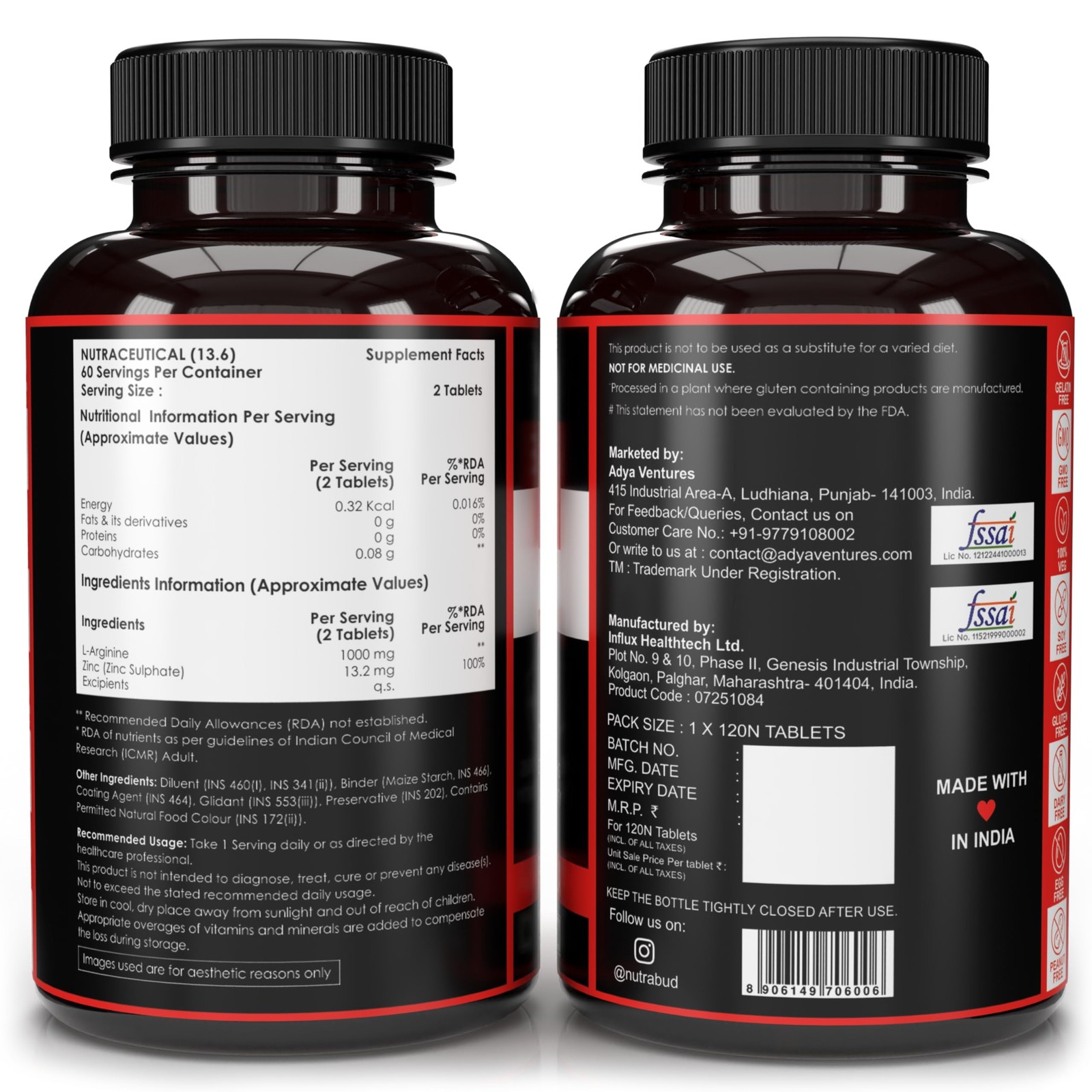 Nutrabud L-Arginine 1000mg – 120 Tablets for Muscle Growth & Nitric Oxide