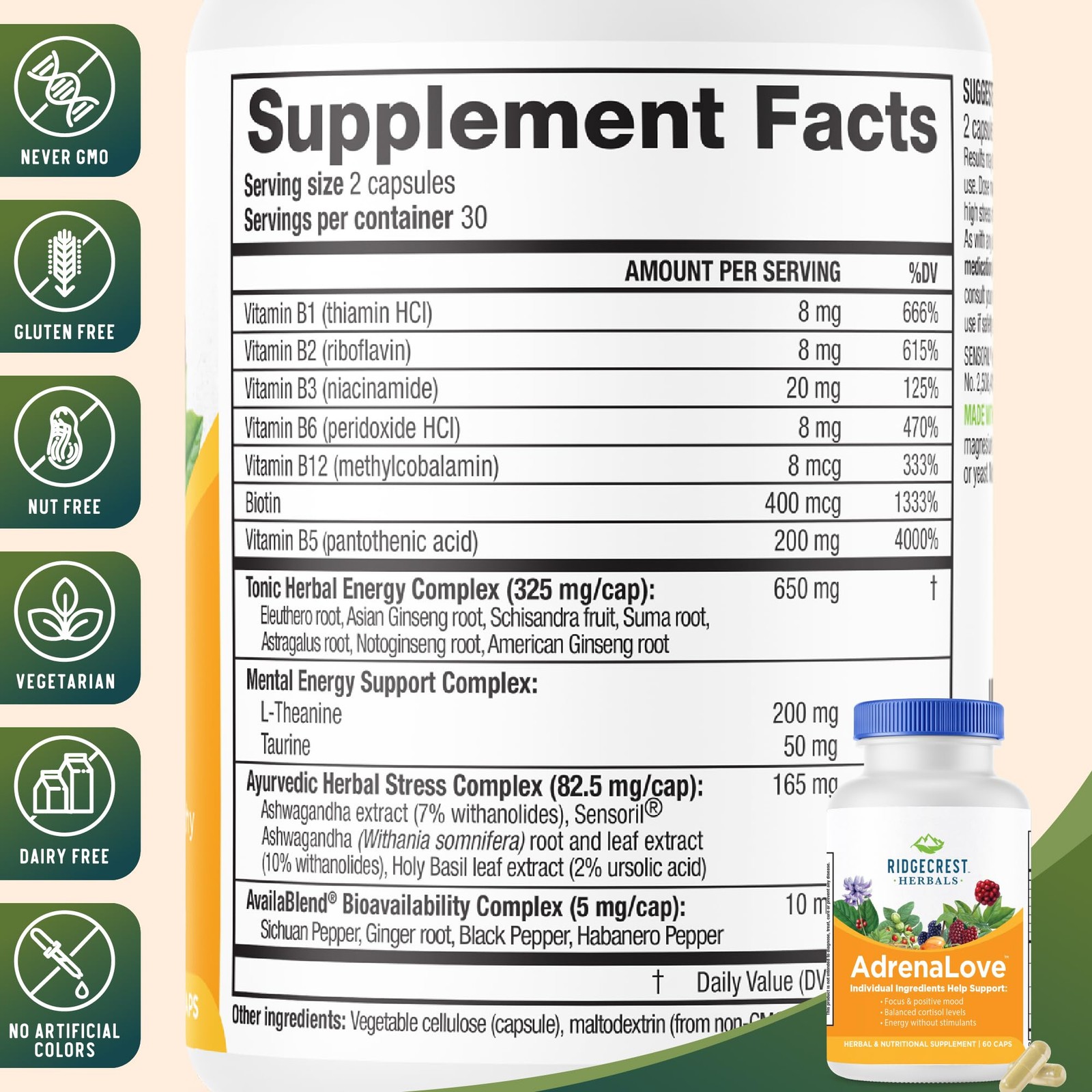 Ridgecrest Herbals AdrenaLove, 60 Count (Pack of 1), White With Blue Band