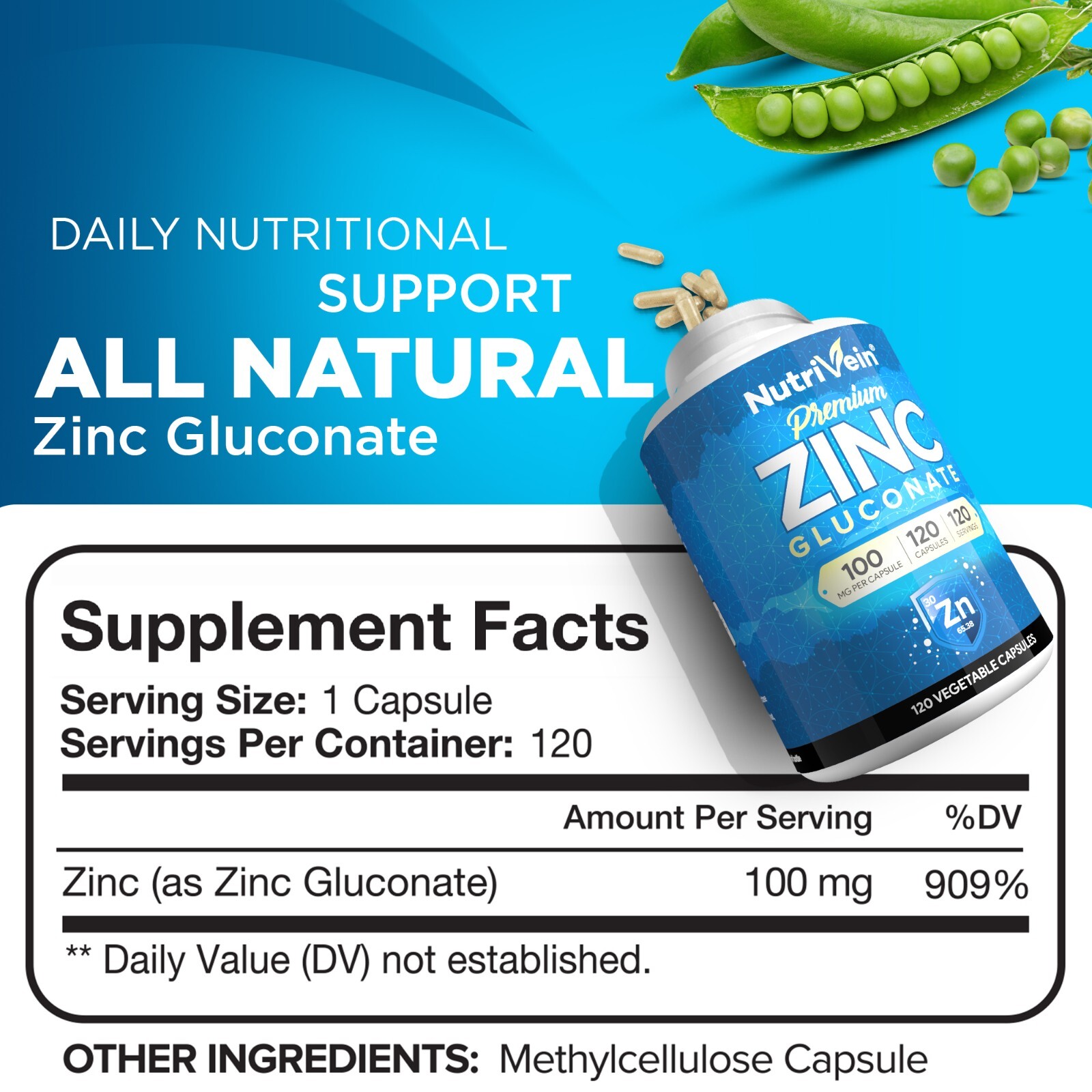 Nutrivein Zinc Gluconate 100mg – 120 Capsules – Immunity Defense Max Strength