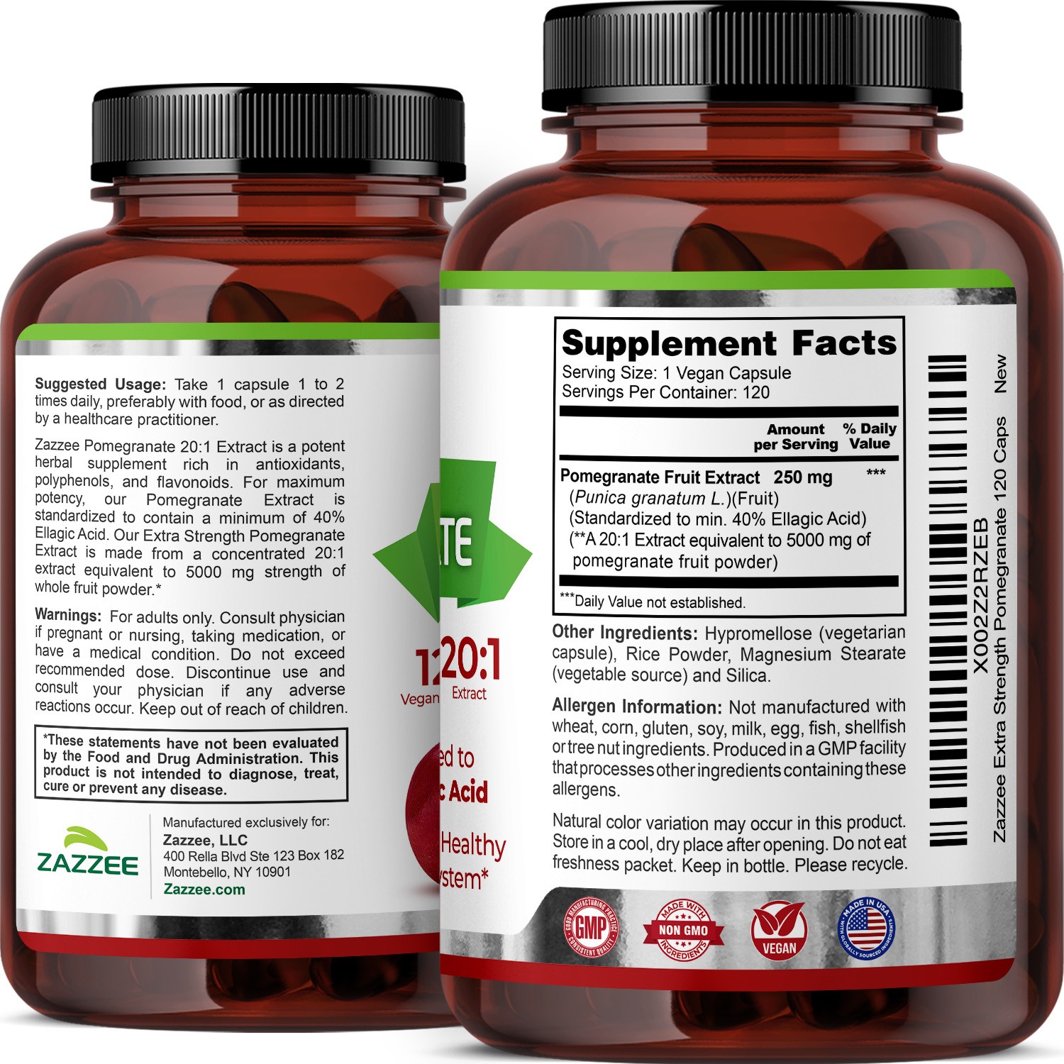 Extra Strength Pomegranate 20:1 Extract 40% Ellagic Acid, 500 mg, 120 Vegan Caps