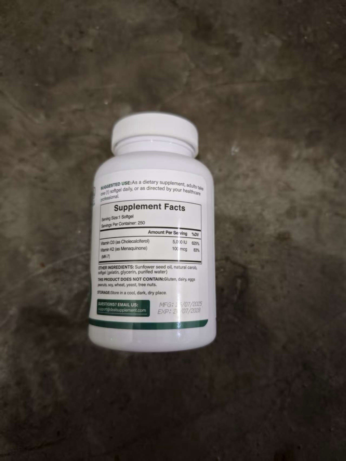 Deal Supplement Vitamin D3 + K2 5000 IU/100 mcg 250 Softgels Gluten-Free