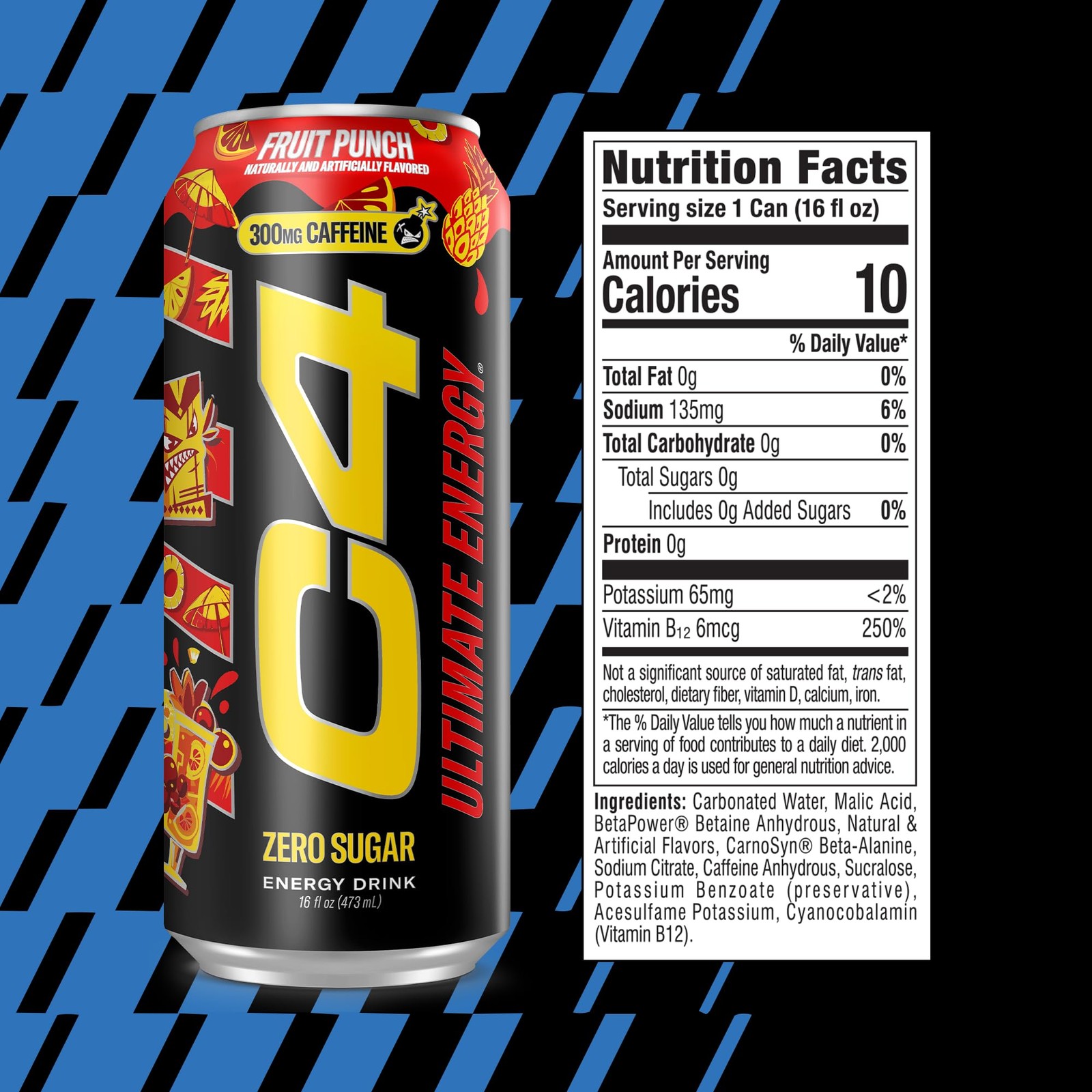 C4 Ultimate Energy Drink Fruit Punch 16oz Cans 12 Pack Case Zero Sugar 300mg