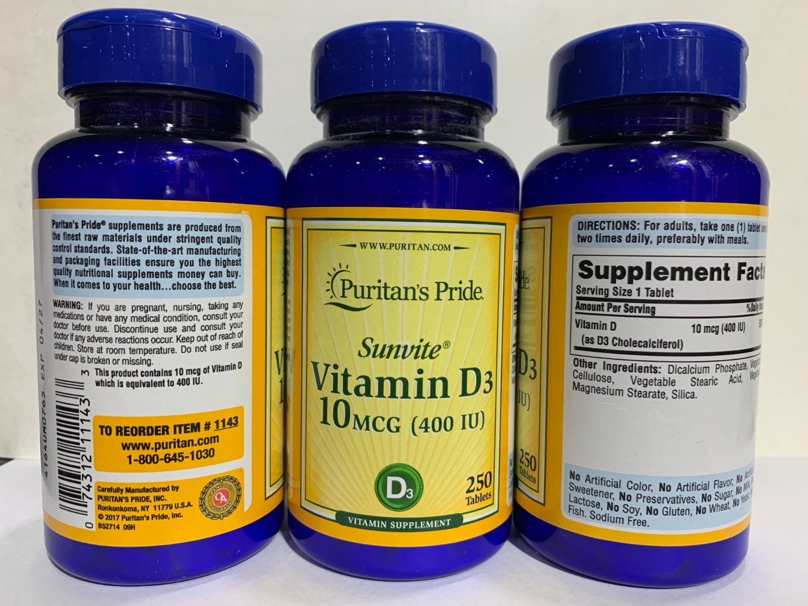 Puritan’s Pride Vitamin D3 10mcg (400 IU) – 250 Tablets (Pack of 3)