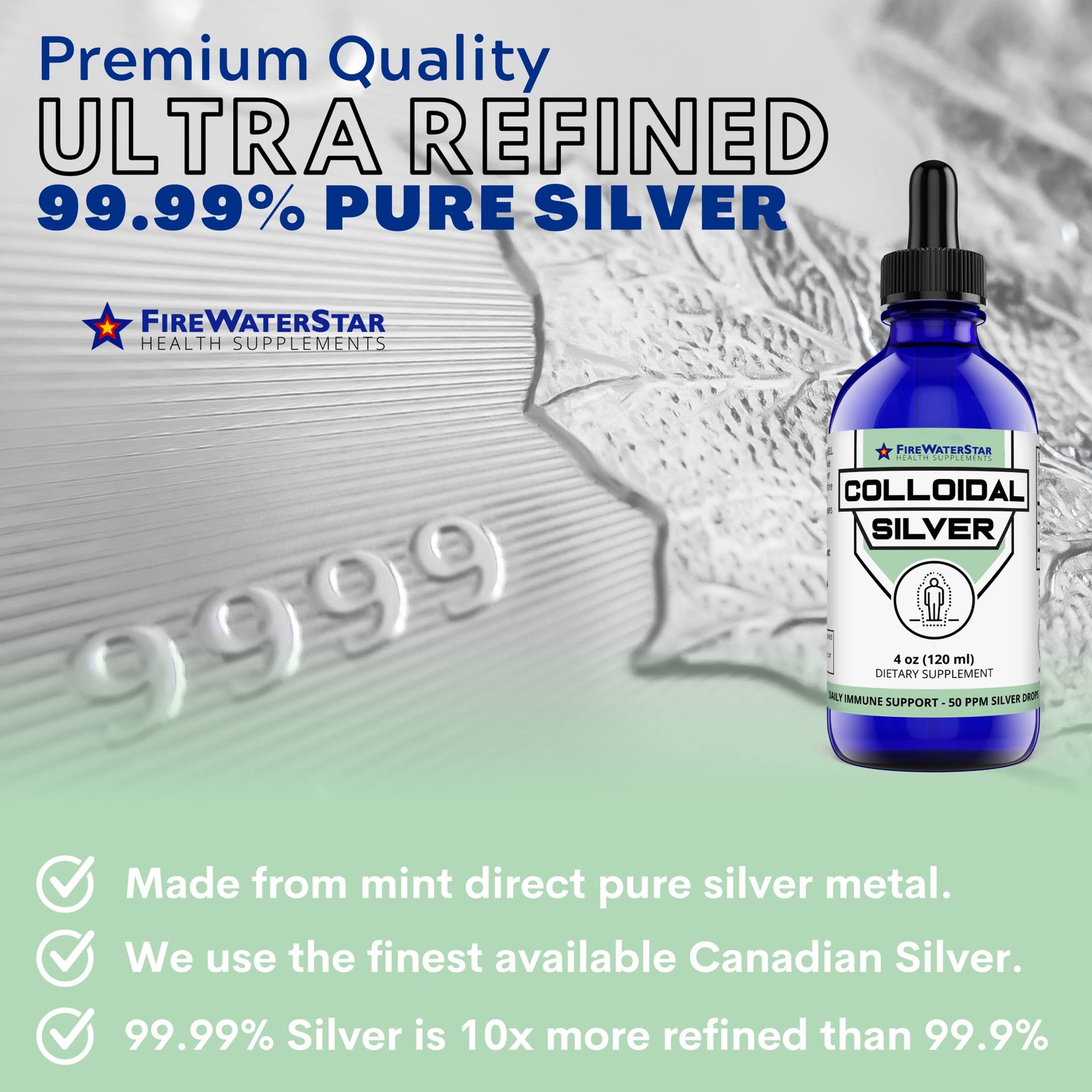 FWS Colloidal Silver, Liquid Silver Drops, 99.99% Pure Silver, 4 oz Glass Bot…