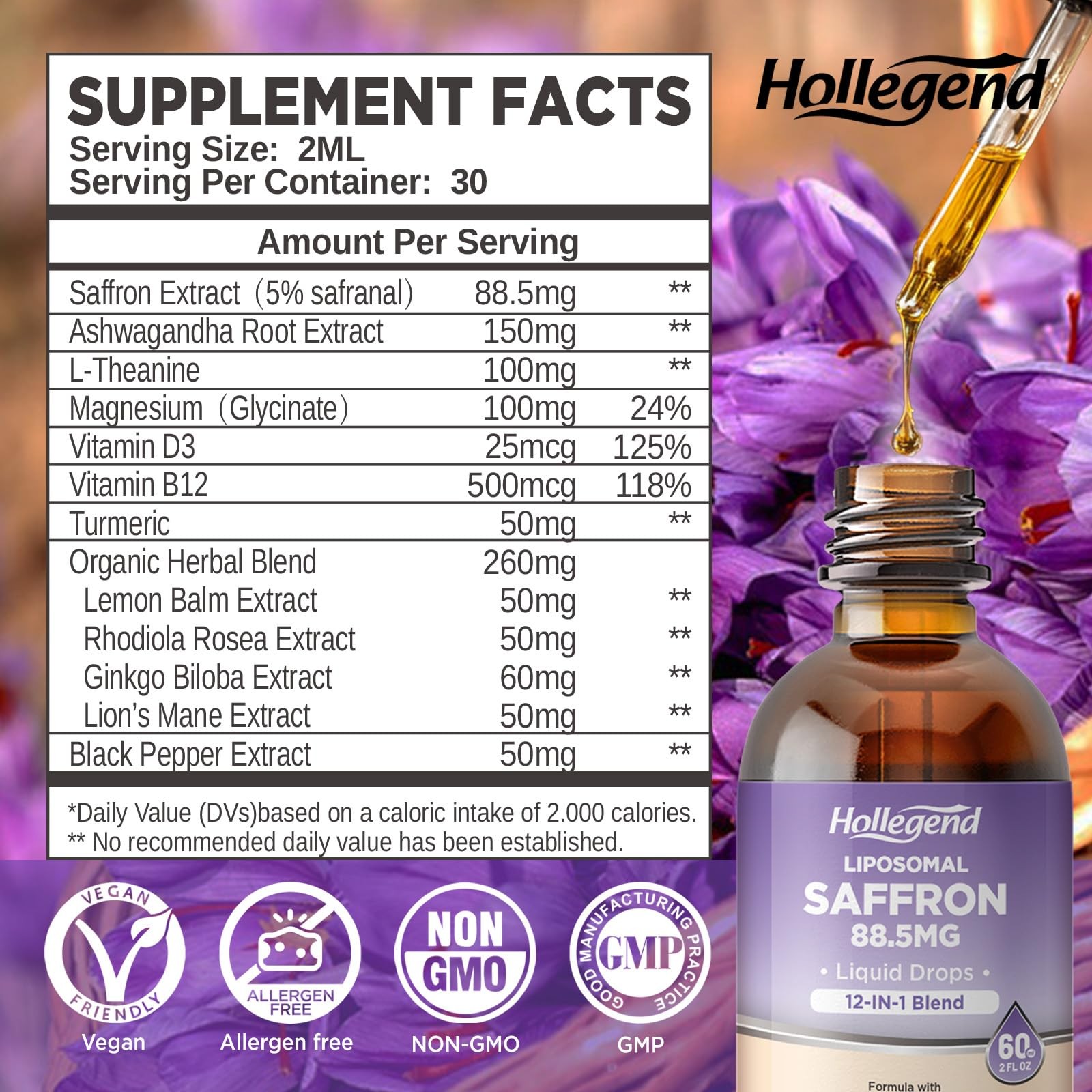 HOLLEGEND Liposomal Saffron Drops for Kids Adults, Organic Saffron Extract W…