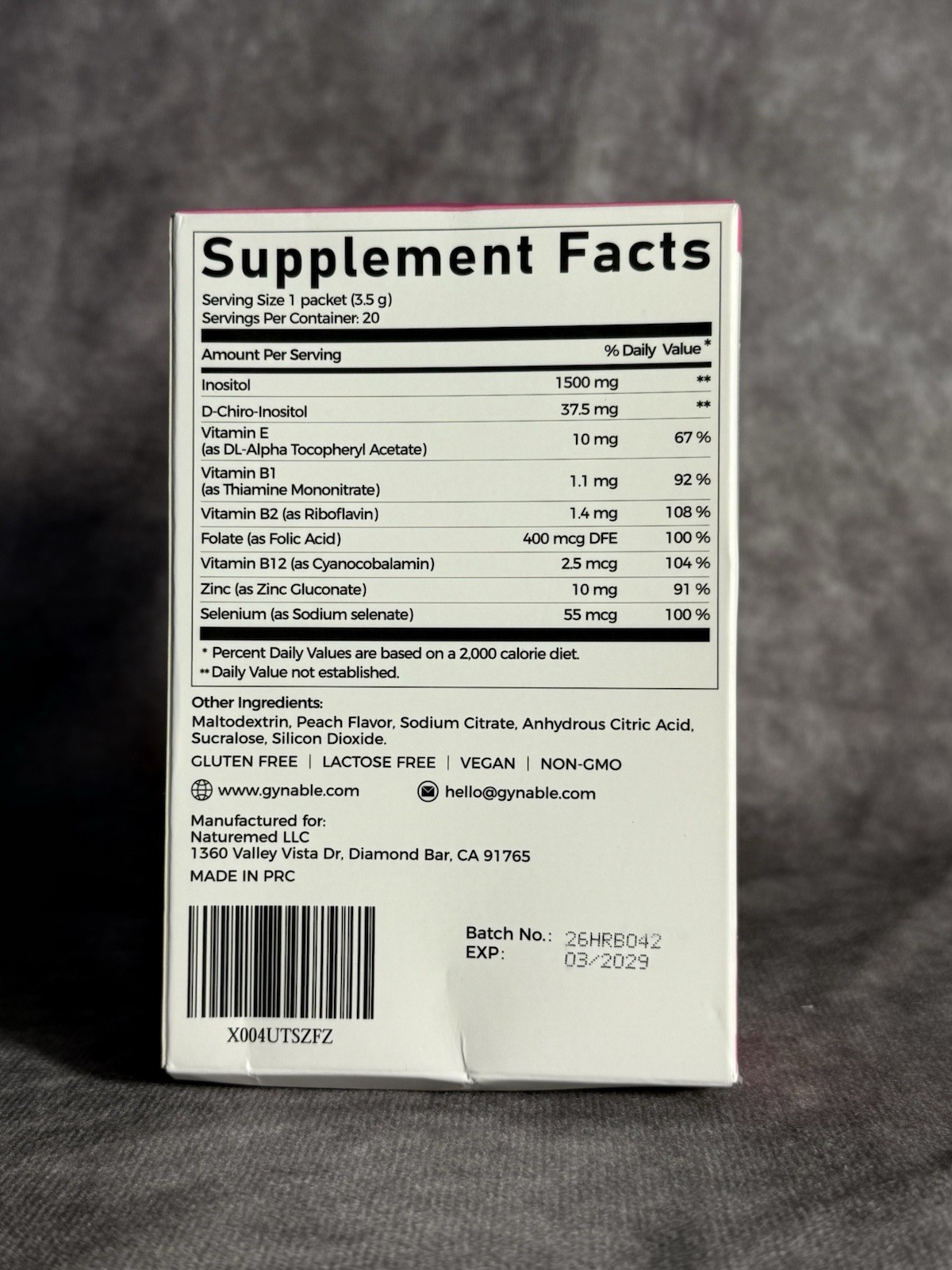 gynable Myo & D-Chiro Inositol 40:1 Peach Powder Women’s Health 20ct