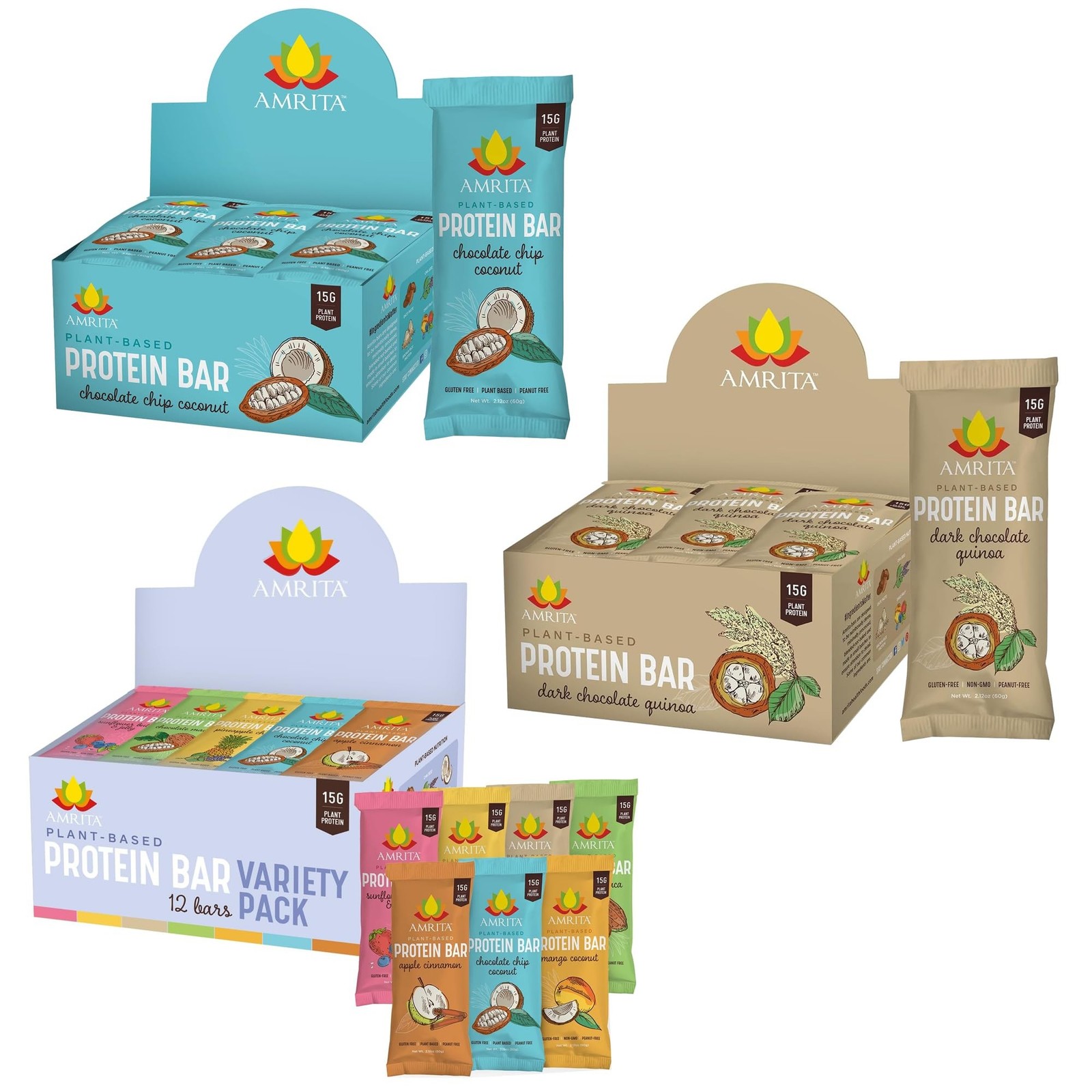AMRITA Dark Chocolate Quinoa (12 bars) + Chocolate Chip Coconut (12 bars) + V…