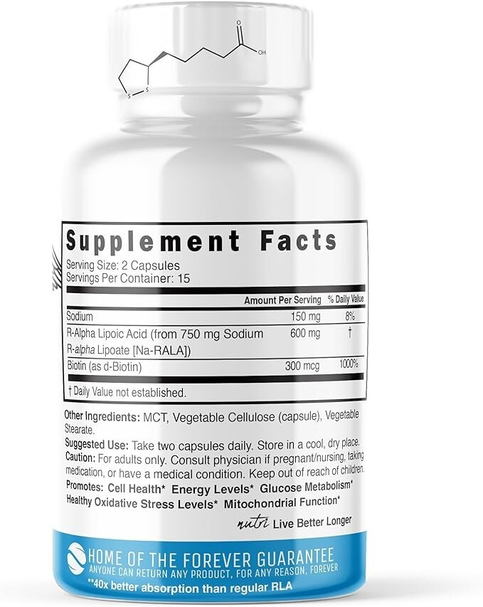 Nutri R Alpha Lipoic Acid 600Mg Capsules – R Lipoic Acid Stabilized with Biotin