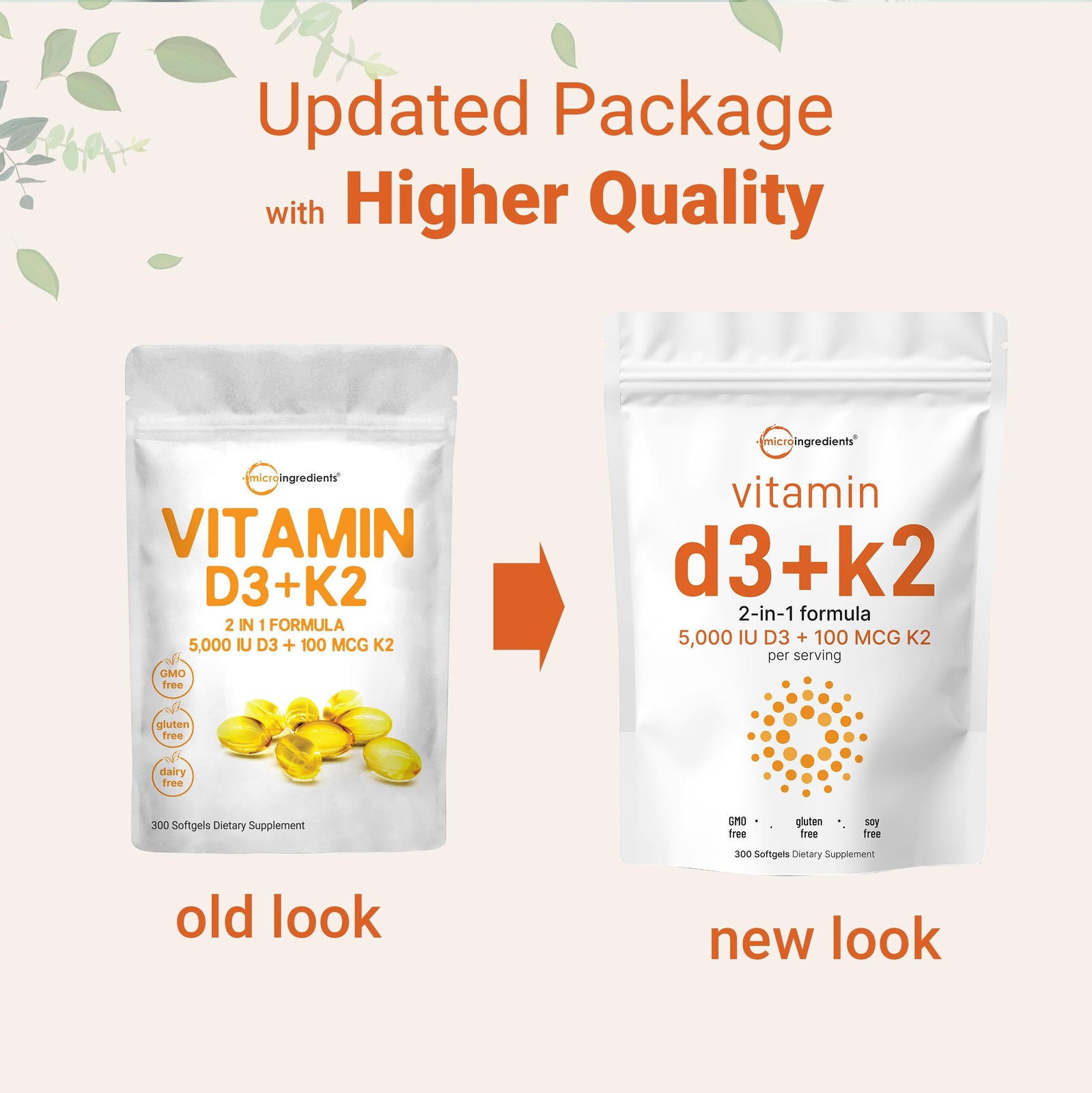 Micro Ingredients Vitamin D3 5000 IU with K2 100 K2 300 Soft-Gels | mcg MK-7 …