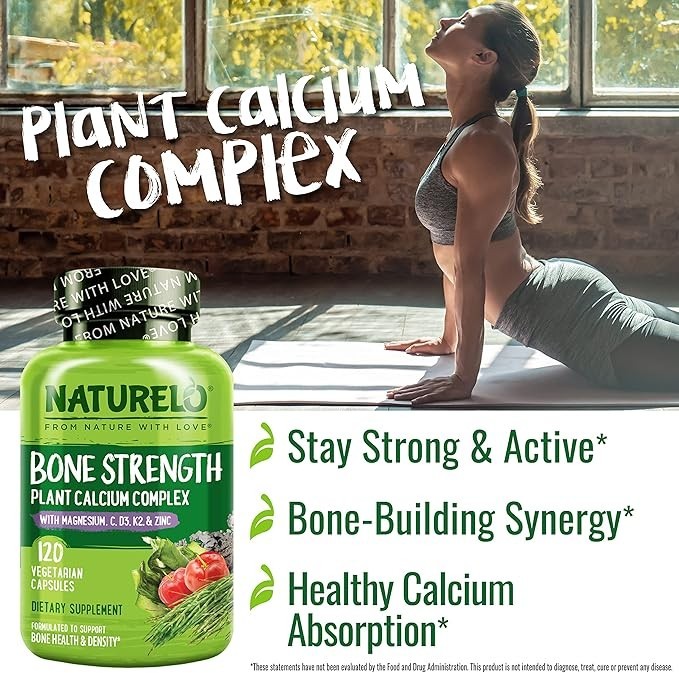 NATURELO Calcium for Bone Strength – 120 Capsules | Plant-Based Calcium |