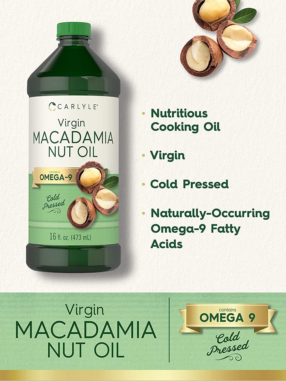 Macadamia Nut Oil | 3 x 16oz Bottles | Premium Cold Pressed |3 Pack | by Carlyle