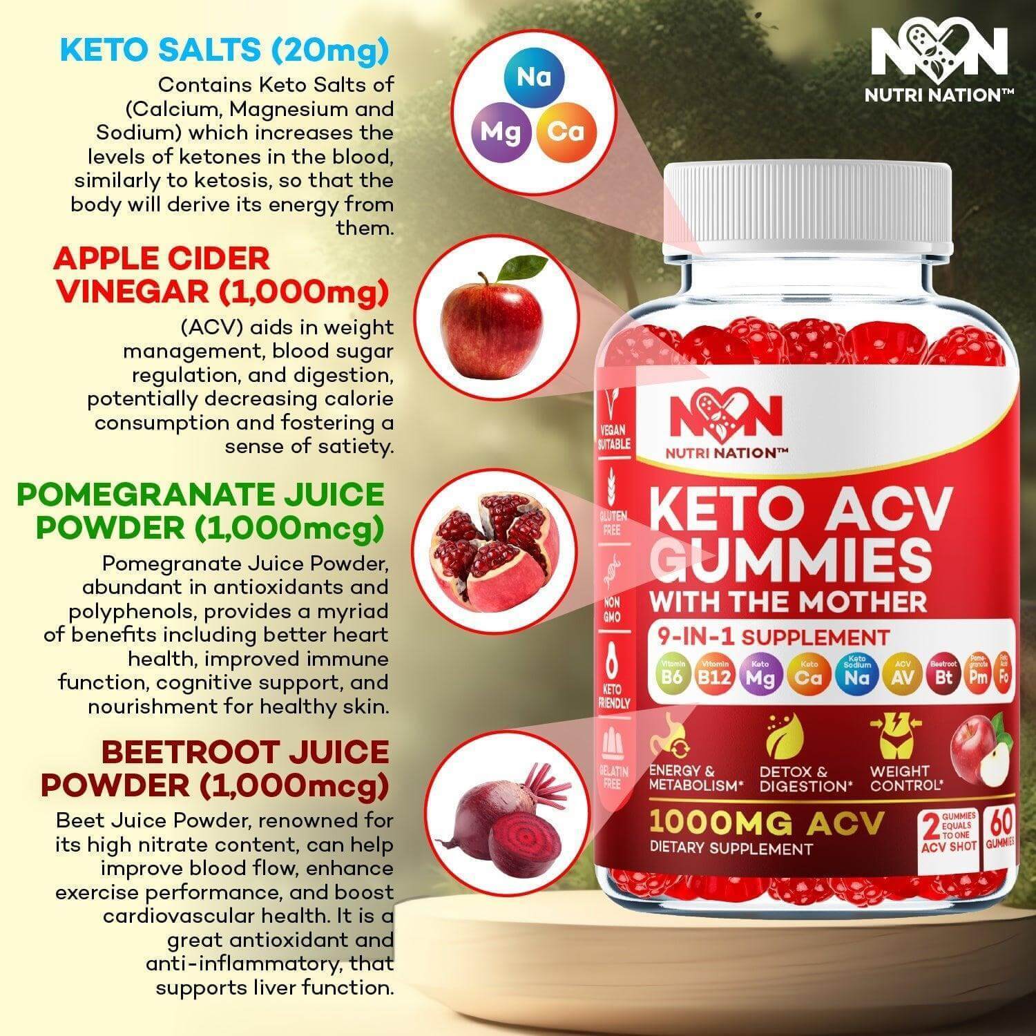 Nutri Nation Keto ACV Gummies 1000mg with the 3 BHB Salts Buy 3 get 2 Free