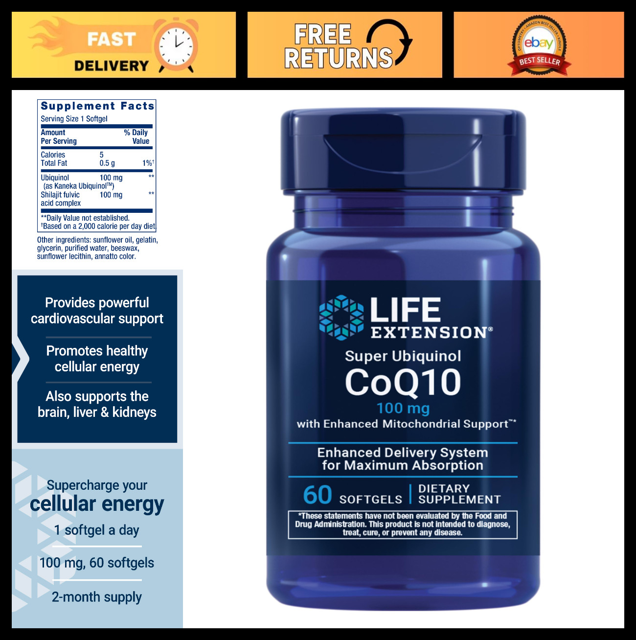 CoQ10 Ubiquinol 100mg – Enhanced Mitochondrial & Heart Health Support, 60 Softge
