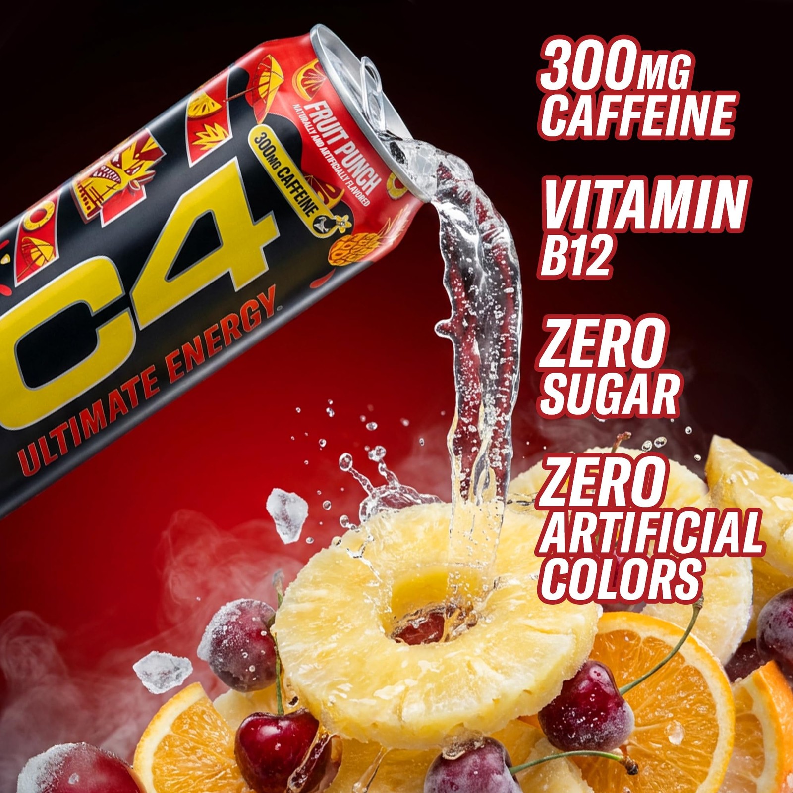 C4 Ultimate Energy Drink Fruit Punch 16oz Cans 12 Pack Case Zero Sugar 300mg