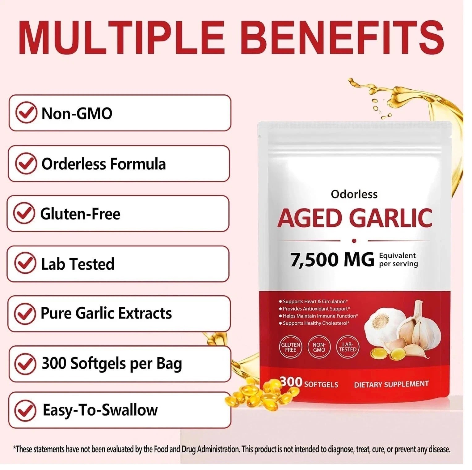 1 PACK Elare Aged Garlic Extract, 300 Softgels, 7500mg Odorless | Heart & Immune