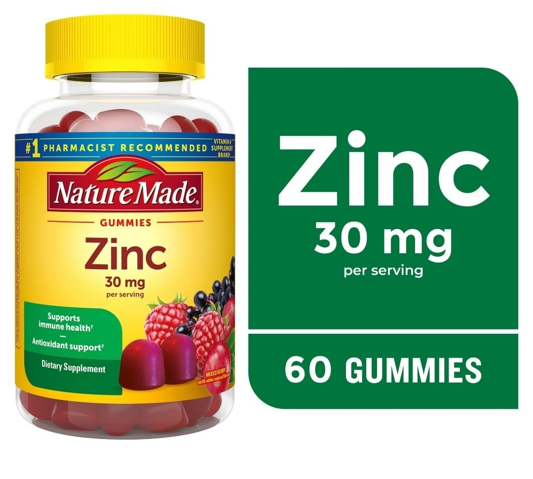 Nature Made Zinc Gummies 30mg Mixed Berry 60 Count Gluten-Free No Synthetic Dyes