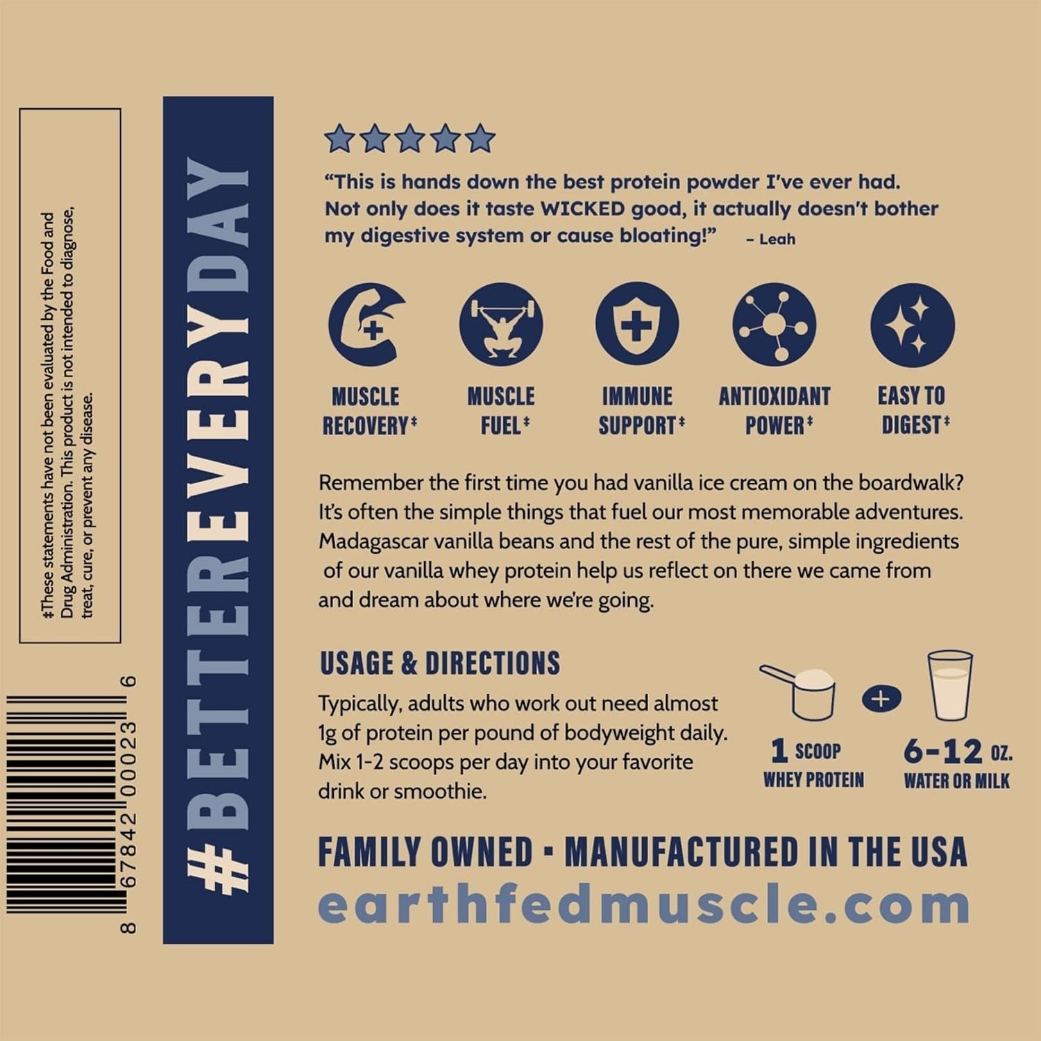 Earth Fed Muscle Whey Isolate Vanilla Grass Fed Protein Non GMO 29 Servings