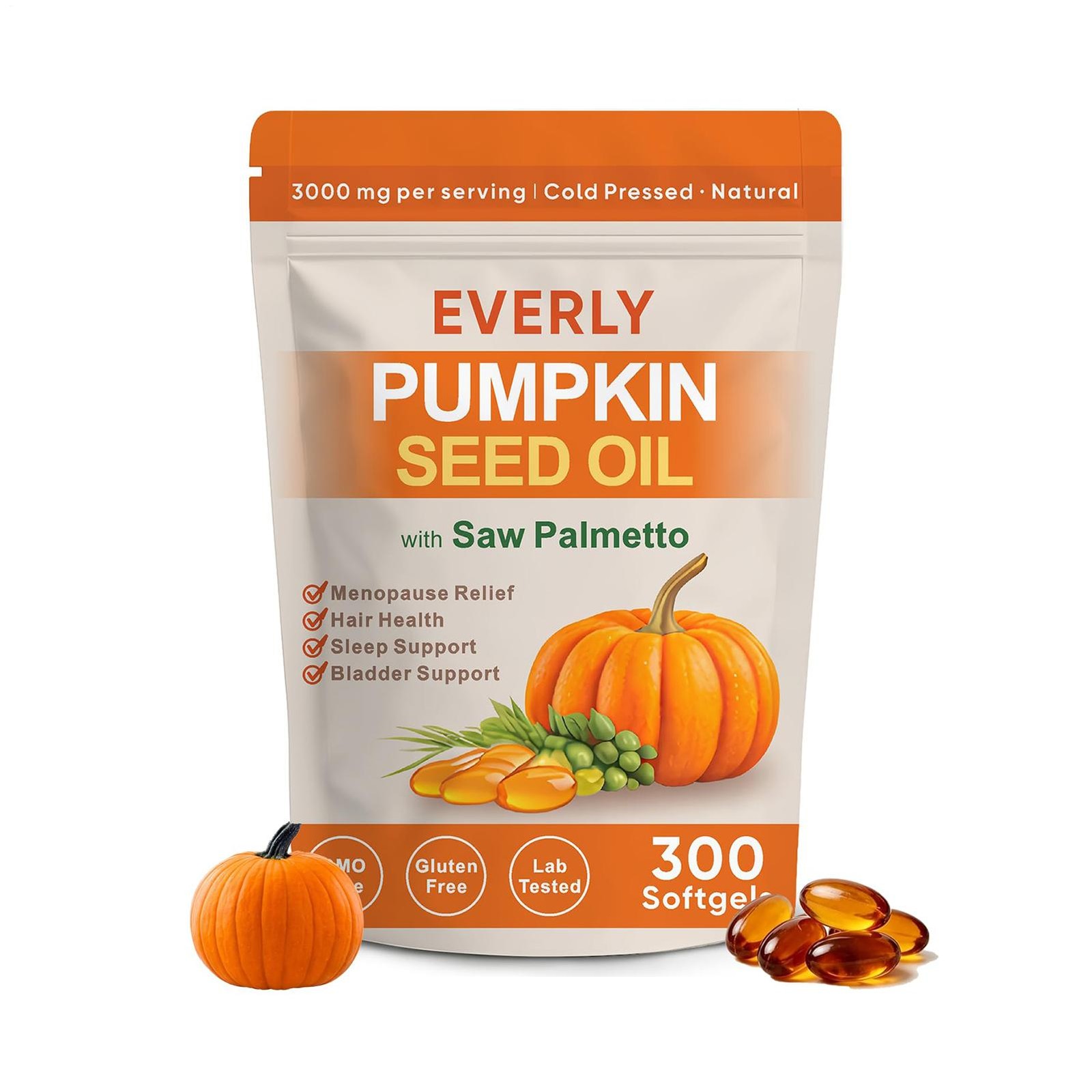 Everly Pumpkin Seed Oil with Saw Palmetto, 300 Softgels, Cold Pressed Pumpkin Se