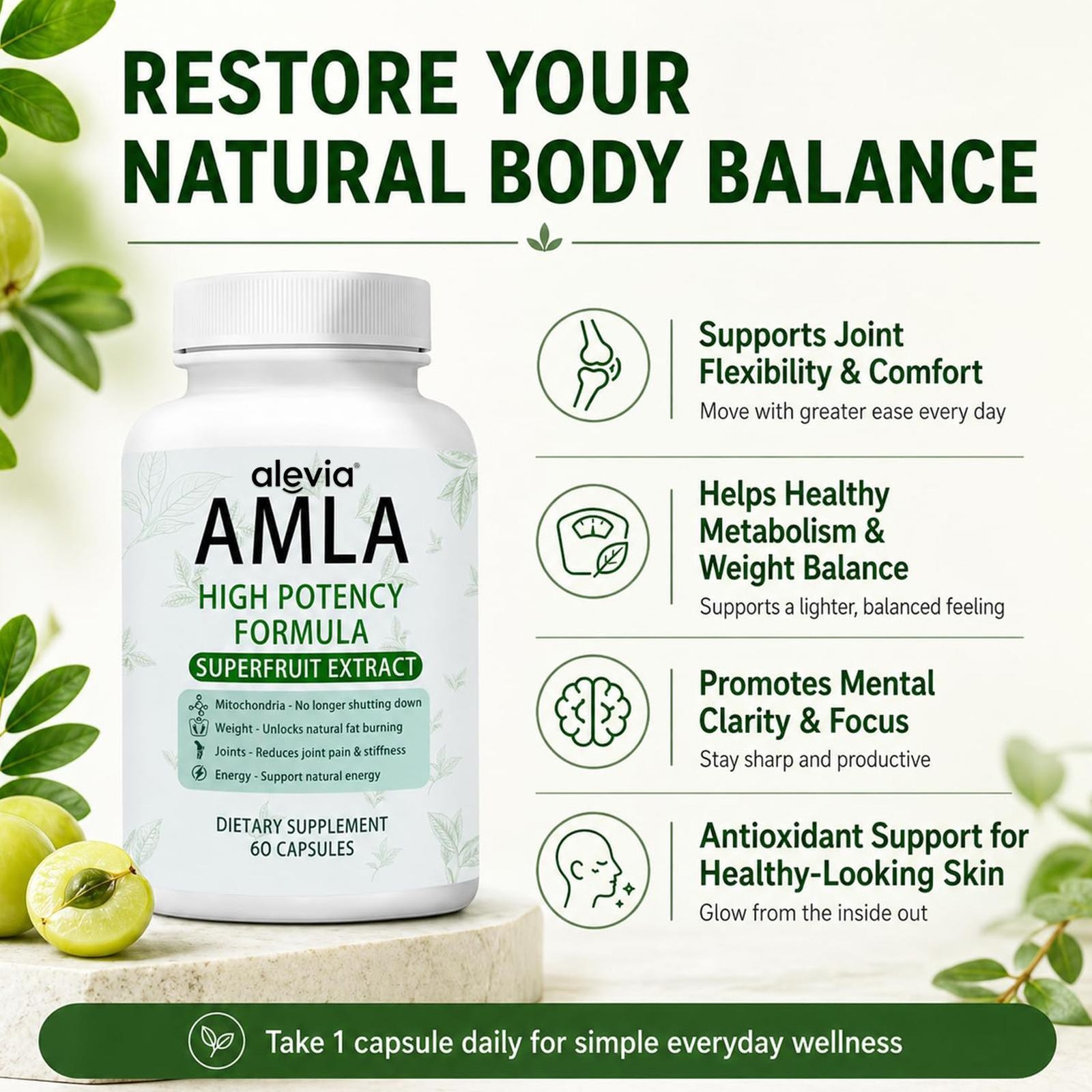 Alevia Natural Amla Capsules 1000mg Indian Gooseberry Antioxidant Supplement 60c