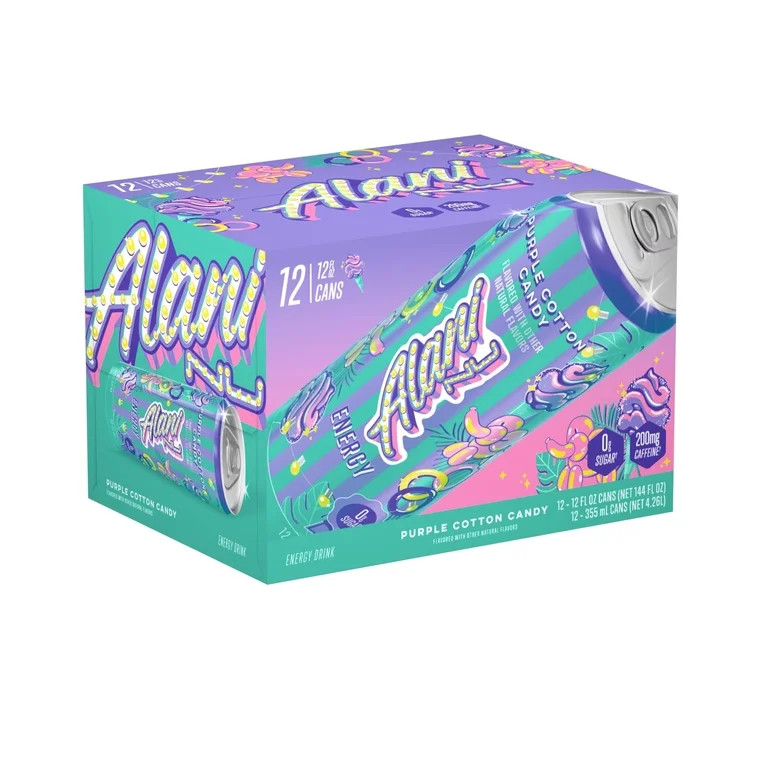 (12 Pack) Alani Nu Energy Drink PURPLE COTTON CANDY, 12Fl oz, Exp 7/28