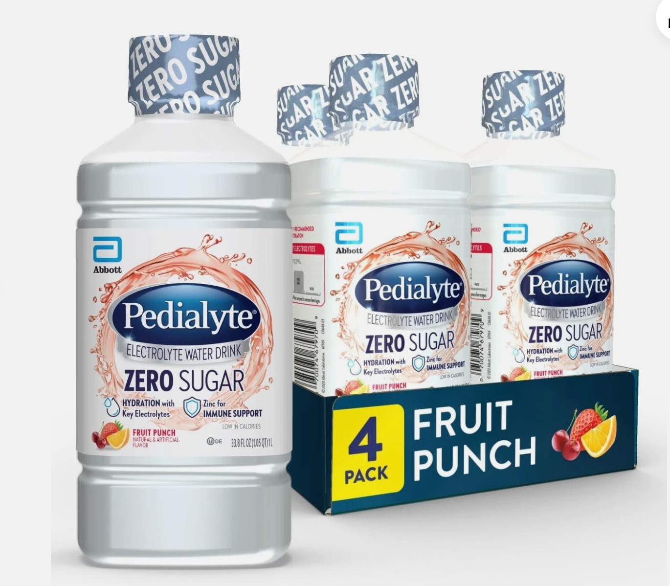 4 pack Pedialyte Electrolyte Water with Zero 33.8 Fl Oz Fruit Punch
