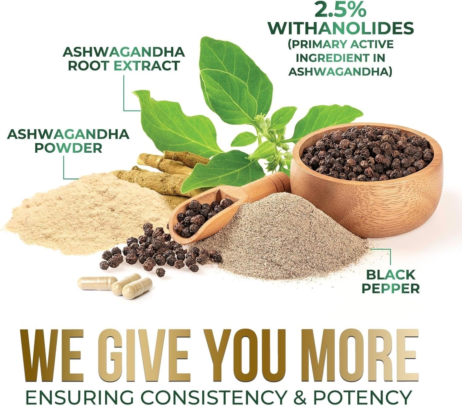 Organic Ashwagandha Capsules 2100mg Supplement w/ Black Pepper Root Powder