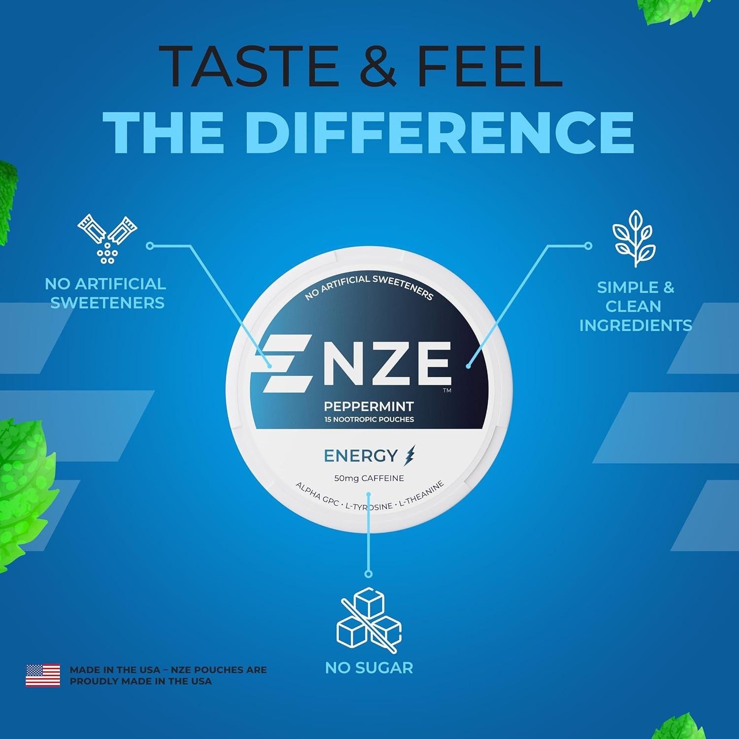 NZE Caffeine Nootropic Pouches Peppermint Energy Focus Nicotine Free 5Pk
