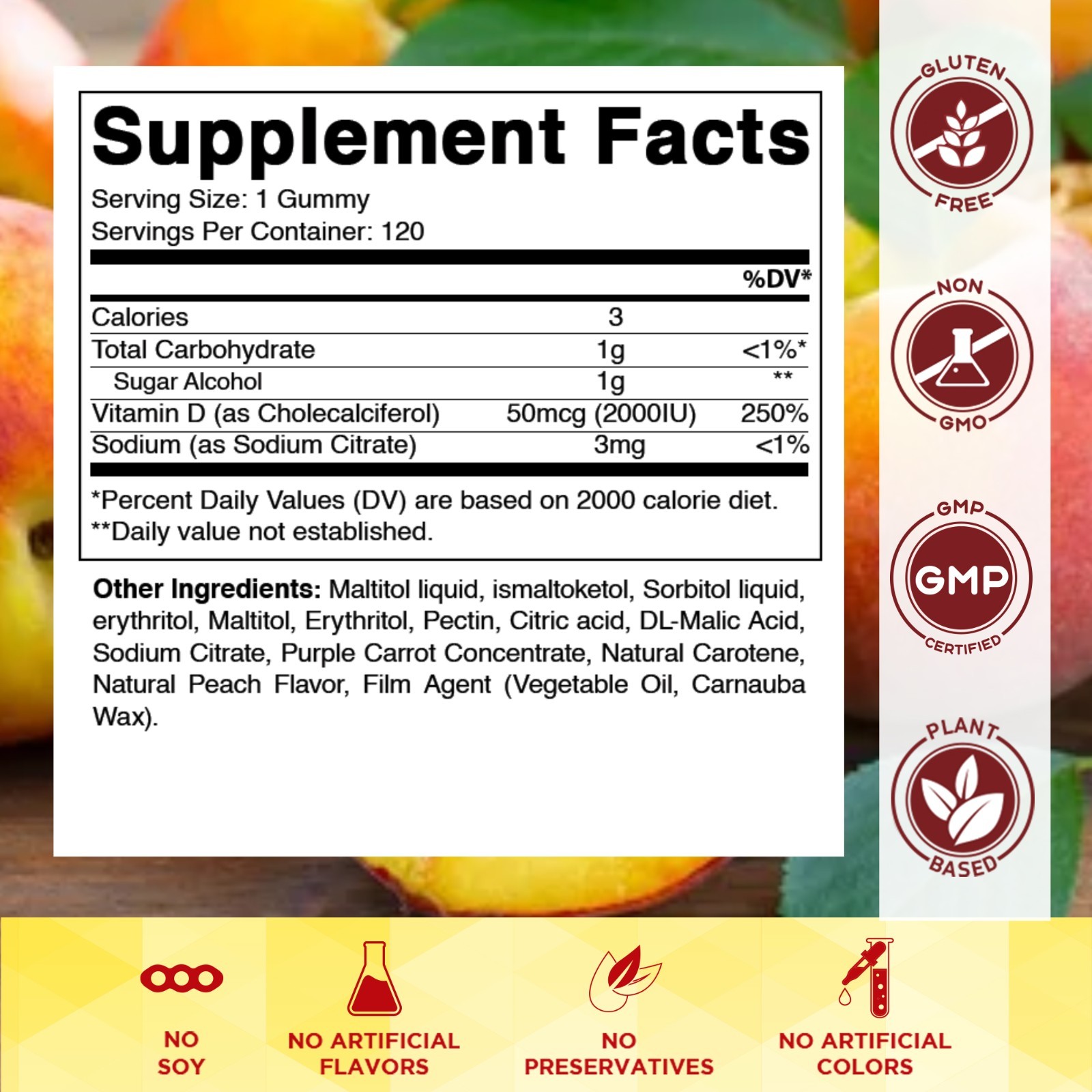 Vitamatic Sugar Free Vitamin D3 (2000 IU) – 120 Pectin Based Gummies.